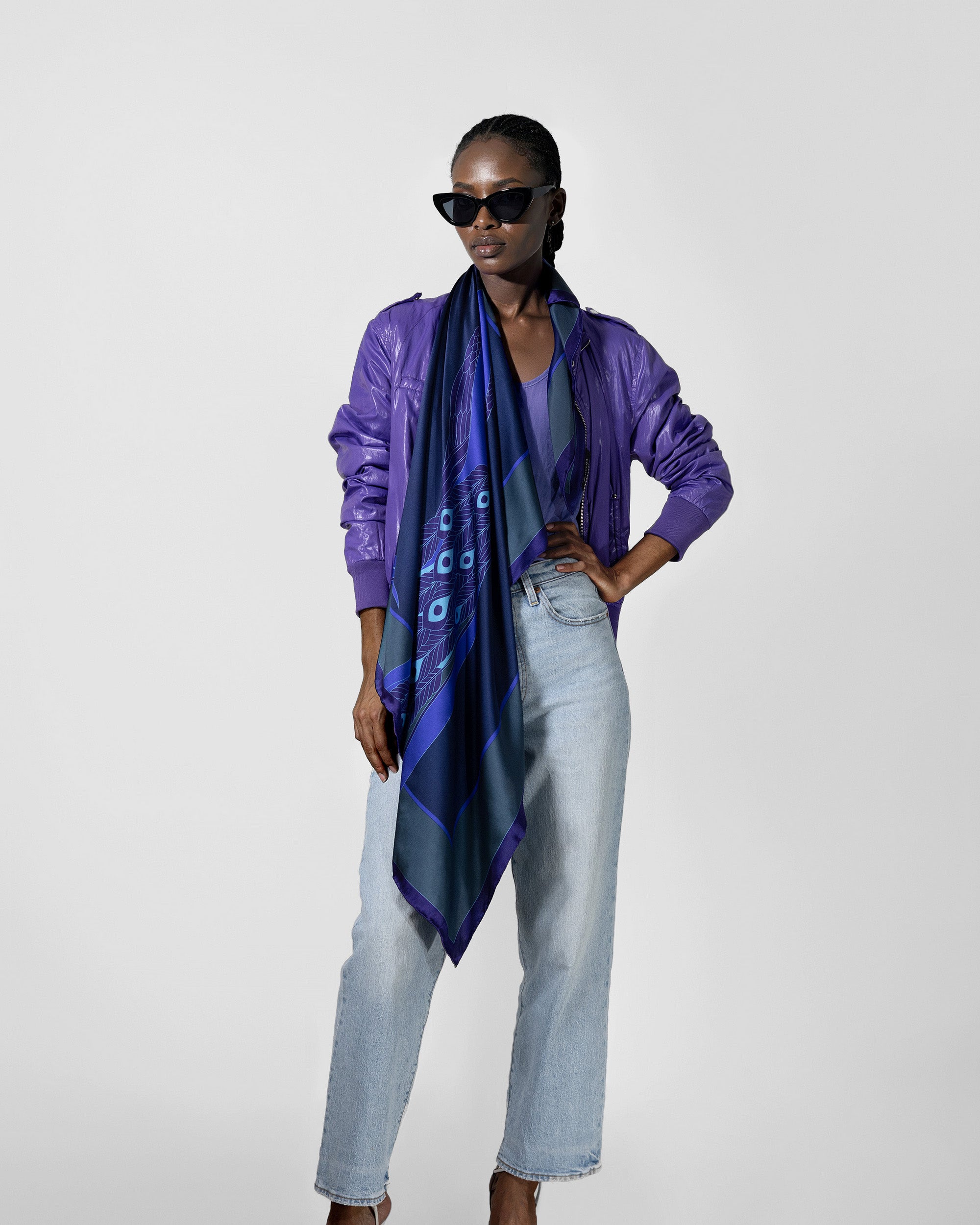 Dark sapphire peacock silk scarf | 43 in x 43 in