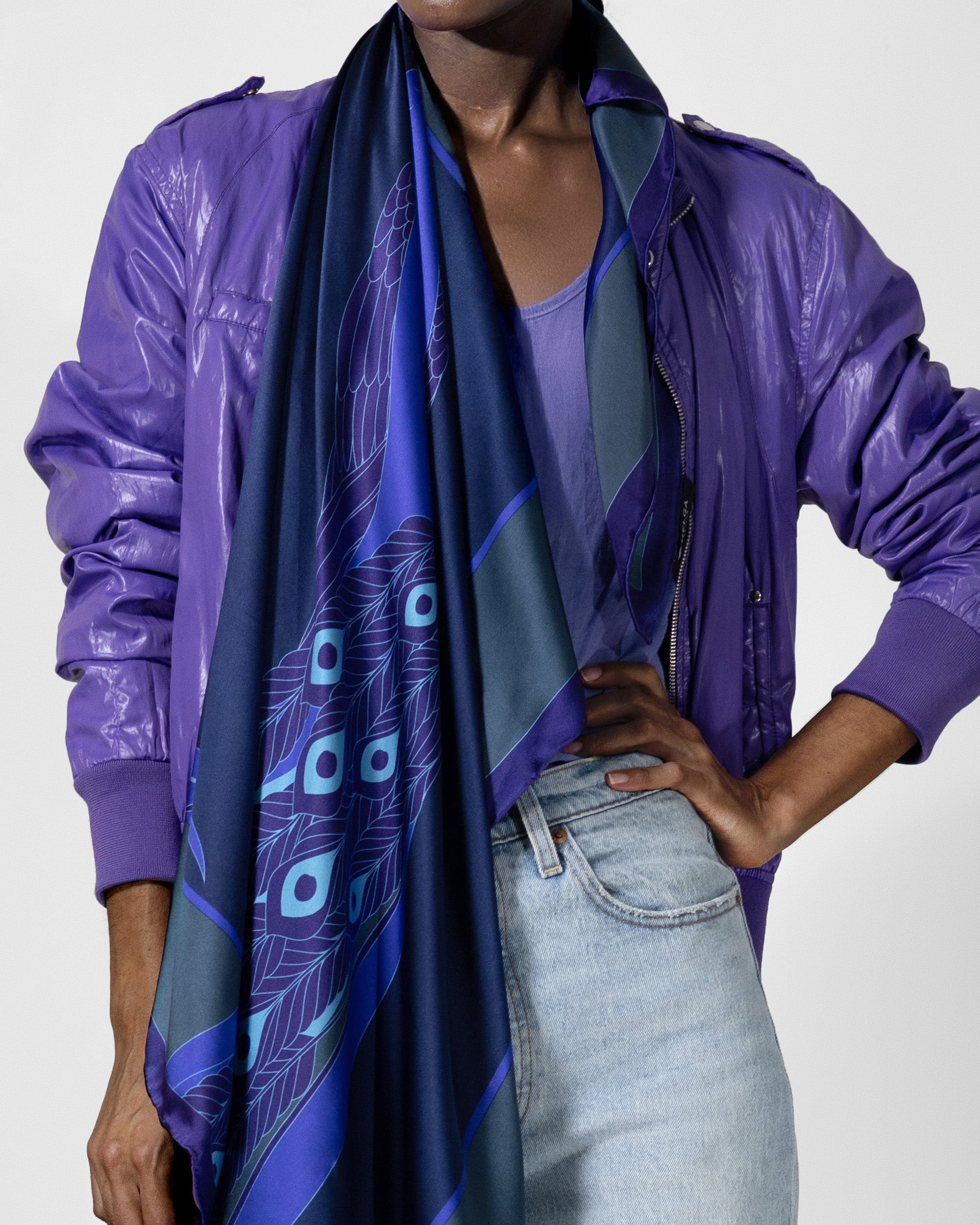 Dark sapphire peacock silk scarf | 43 in x 43 in