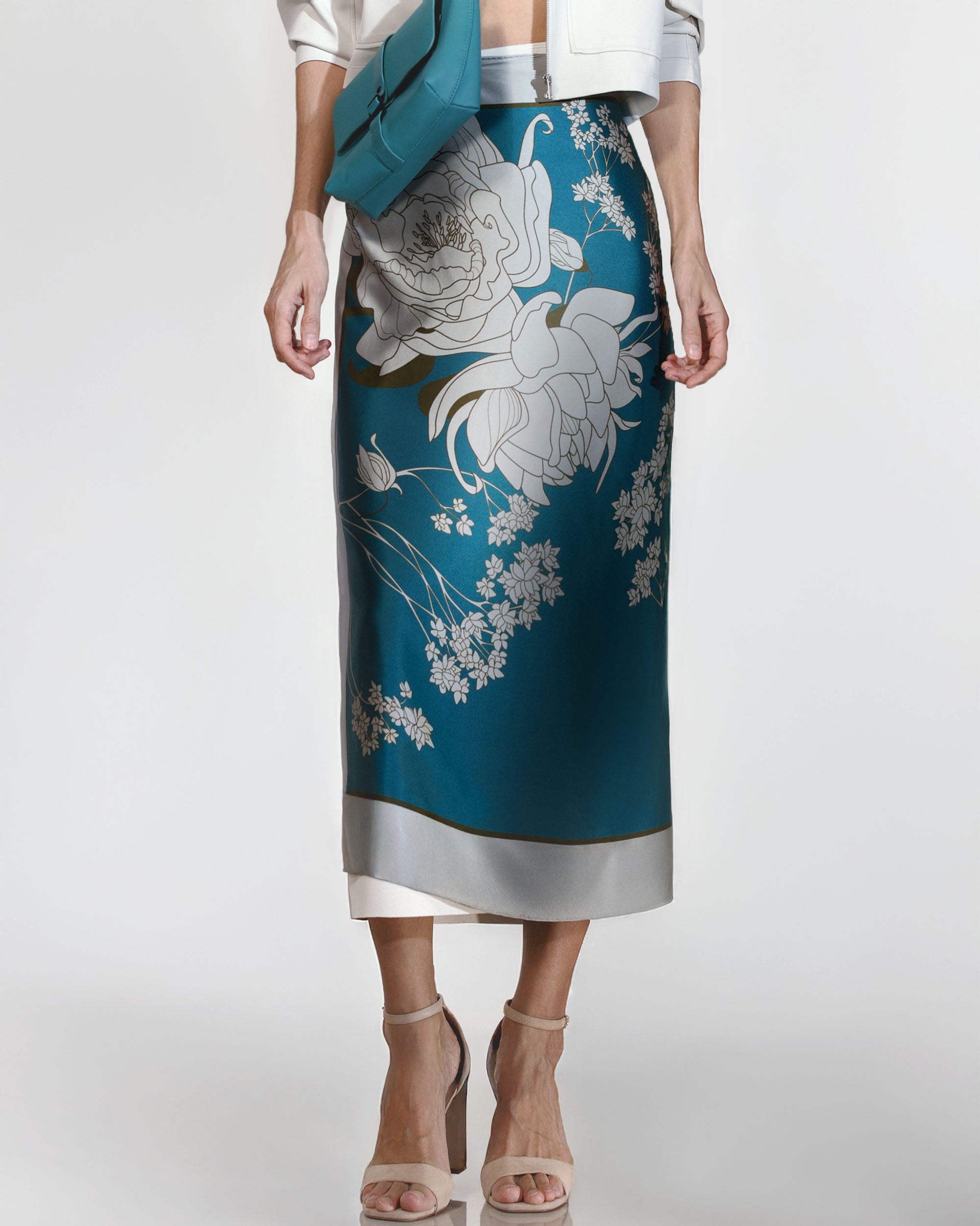 Teal green floral silk scarf | 35 in x 35 in