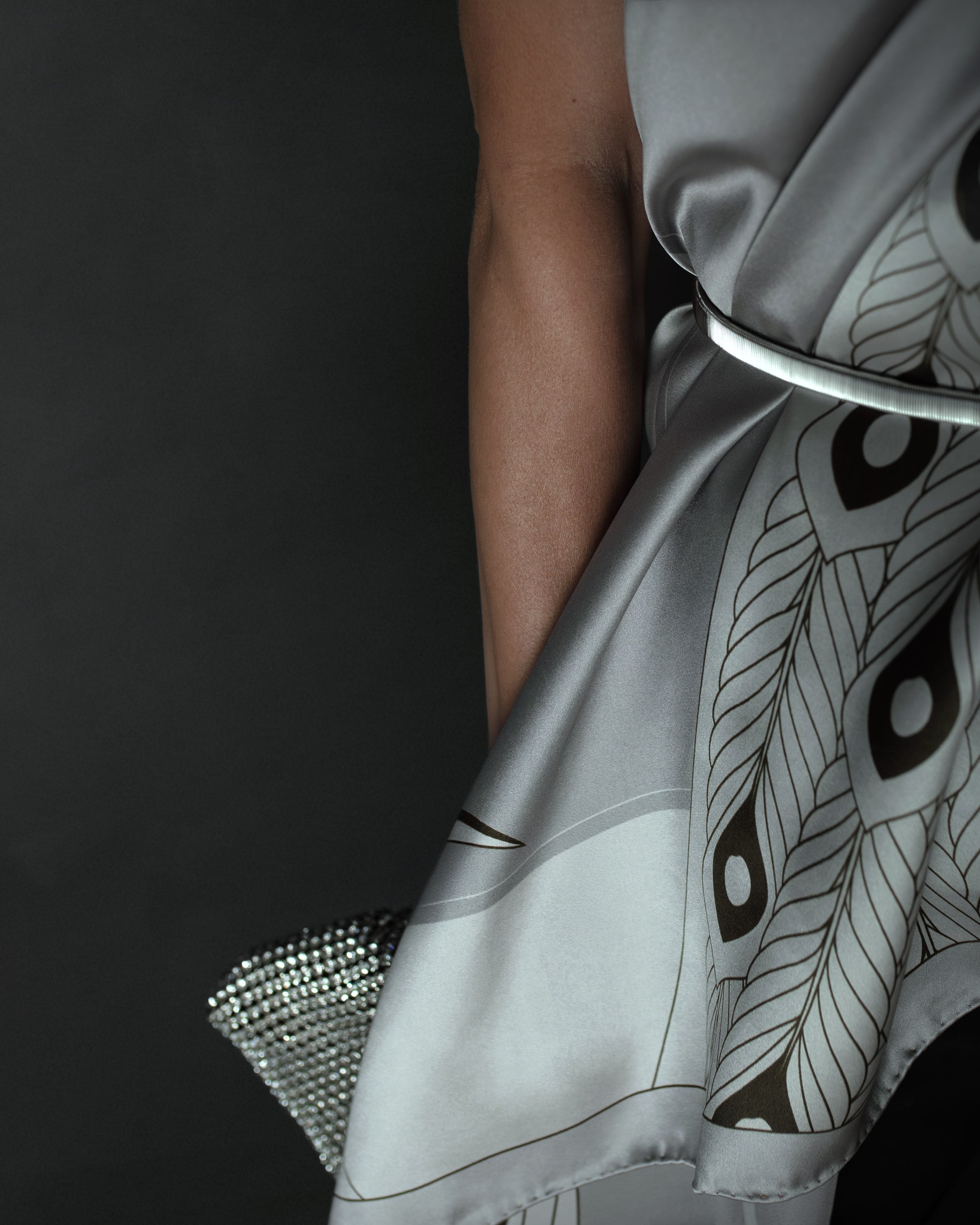 Platinum grey peacock silk foulard 43″