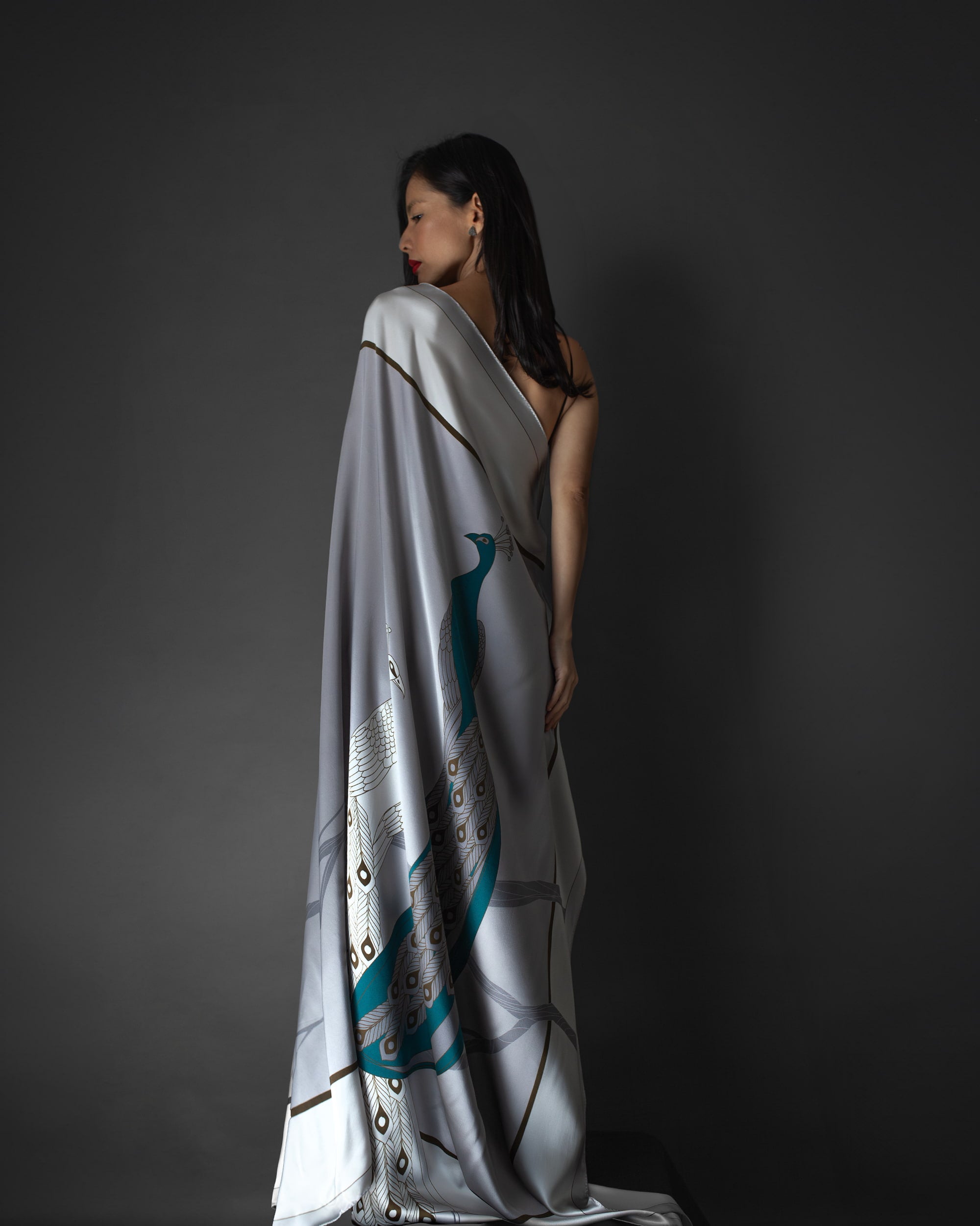 Platinum grey peacock silk foulard 55"