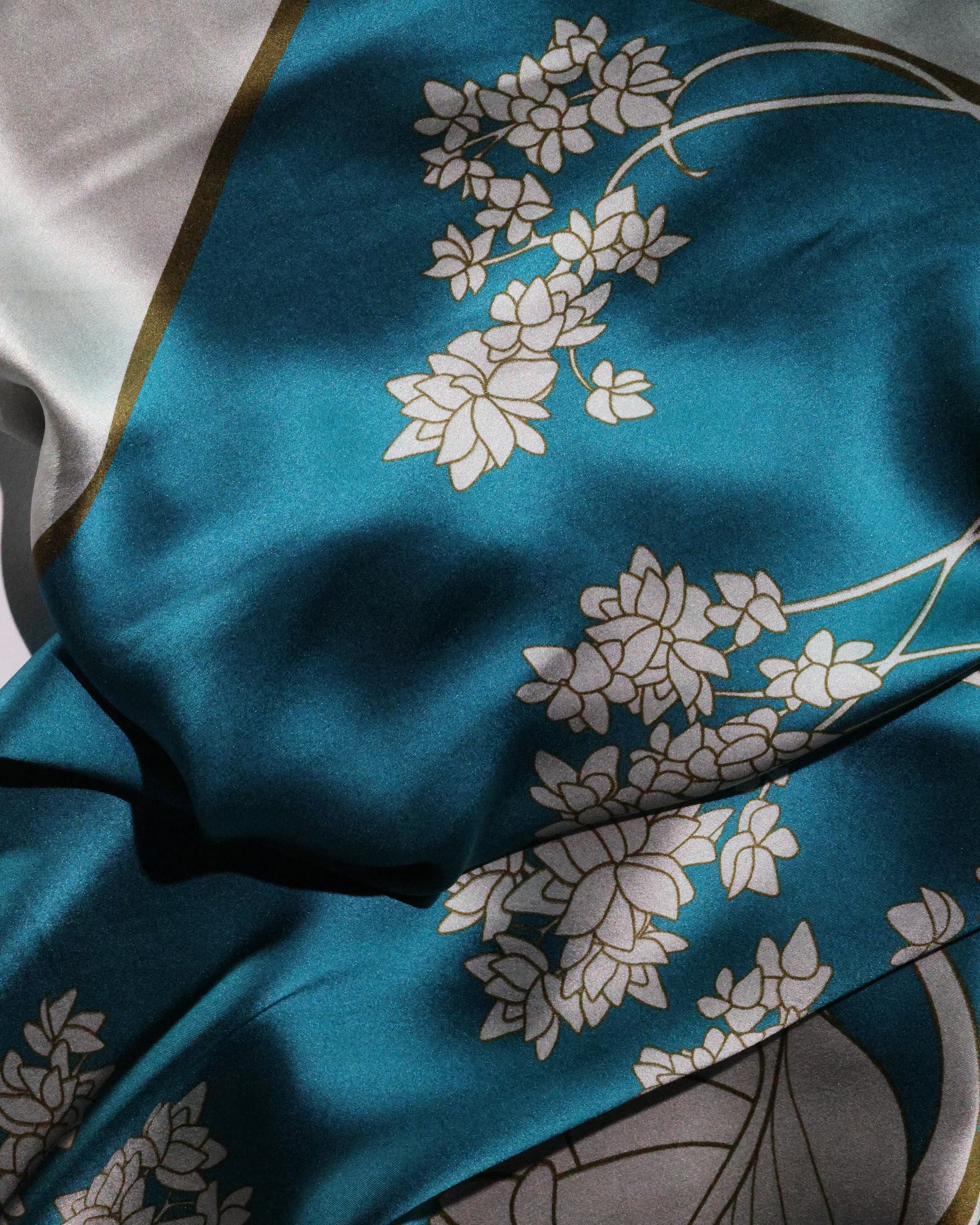 Teal green floral silk foulard 35"